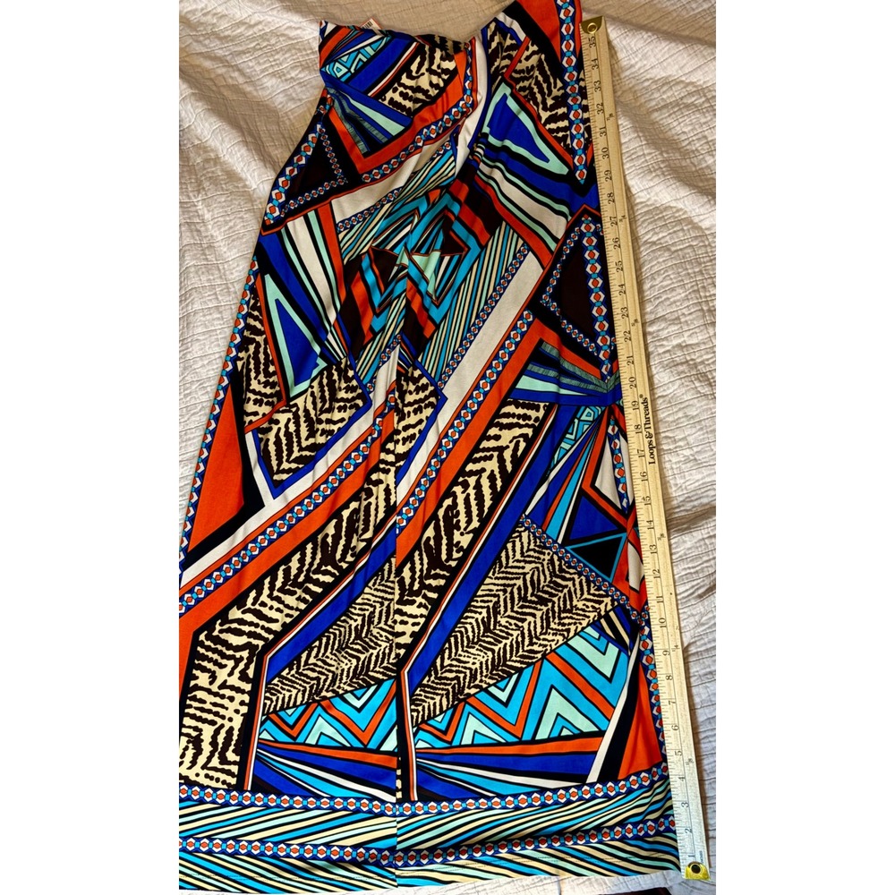 Chicos Geometric Tribal Print Maxi Skirt Orange Blue Stretch Size 0 XS S